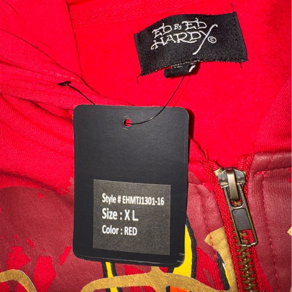 Ed Hardy 🐅 Full Zip Red Hoodie with Tattoo Inspired Graphic Design NWT - Picture 2 of 8